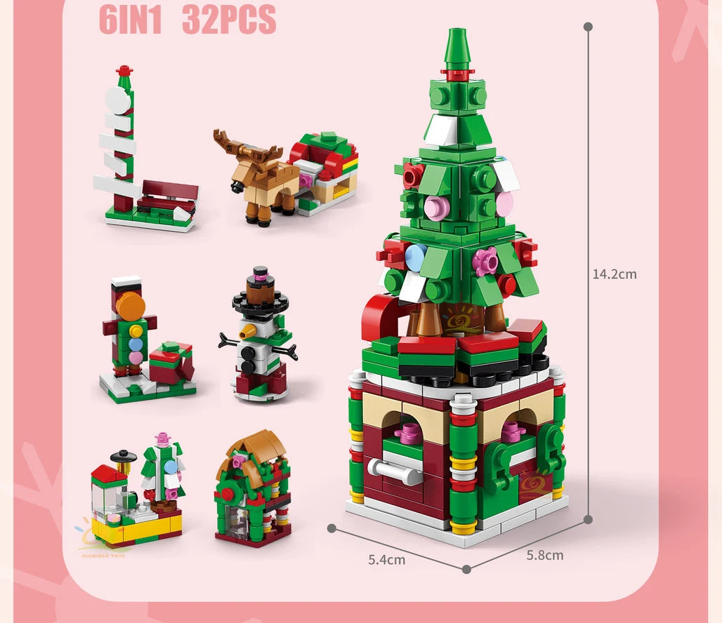 A set of 6 in 1 Christmas building blocks featuring a tree, snow house, Santa, and deer figures.
