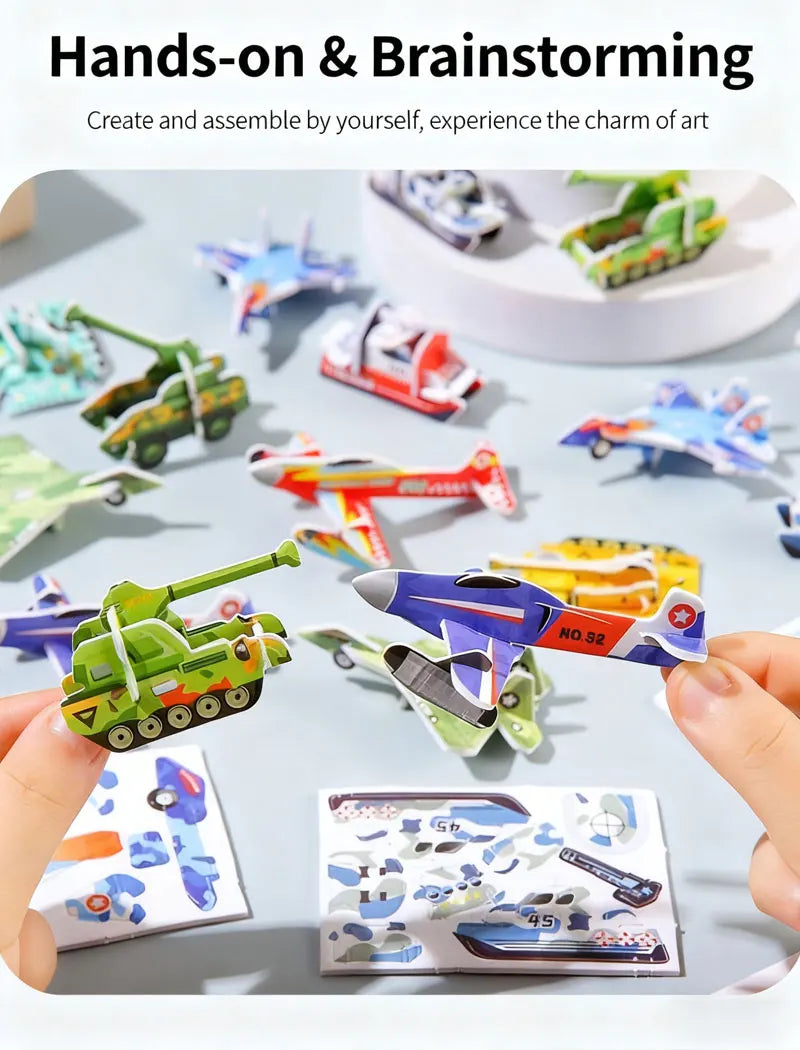 A collection of colorful 3D foam animal puzzle pieces and assembled models scattered on a light gray surface.