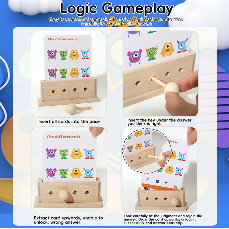 A wooden logic game for kids showing how to insert cards into a base to find the correct answer