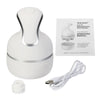 Herramienta masajeadora de cabeza eléctrica blanca con cable de carga y punta de silicona, mostrada junto a su manual de inst