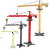 Diecast construction tower crane model set featuring a red and yellow crane, excavator, and loader.