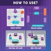 Illustration showing how to use a DIY electronic circuit building block kit with components like a motor and resistance for o