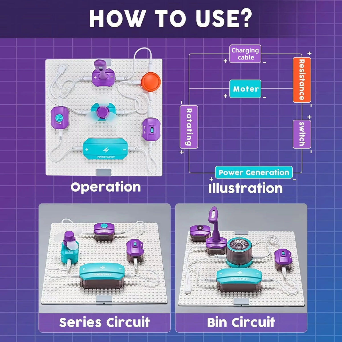 Illustration showing how to use a DIY electronic circuit building block kit with components like a motor and resistance for o