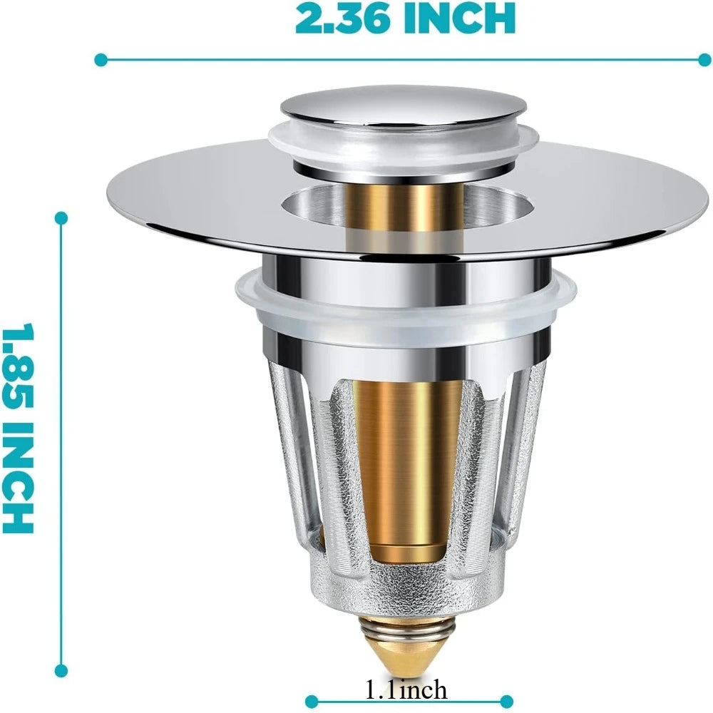 A silver and gold universal push-type sink and bathtub drain stopper with a 2.36 inch diameter and 1.85 inch height.