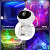 A white astronaut night light projector showing galaxy effects used in various settings like a bedroom, party, car, and tent.