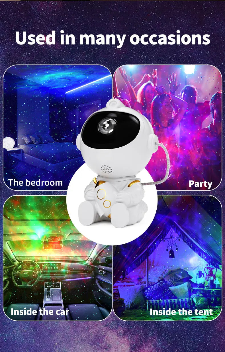 A white astronaut night light projector showing galaxy effects used in various settings like a bedroom, party, car, and tent.