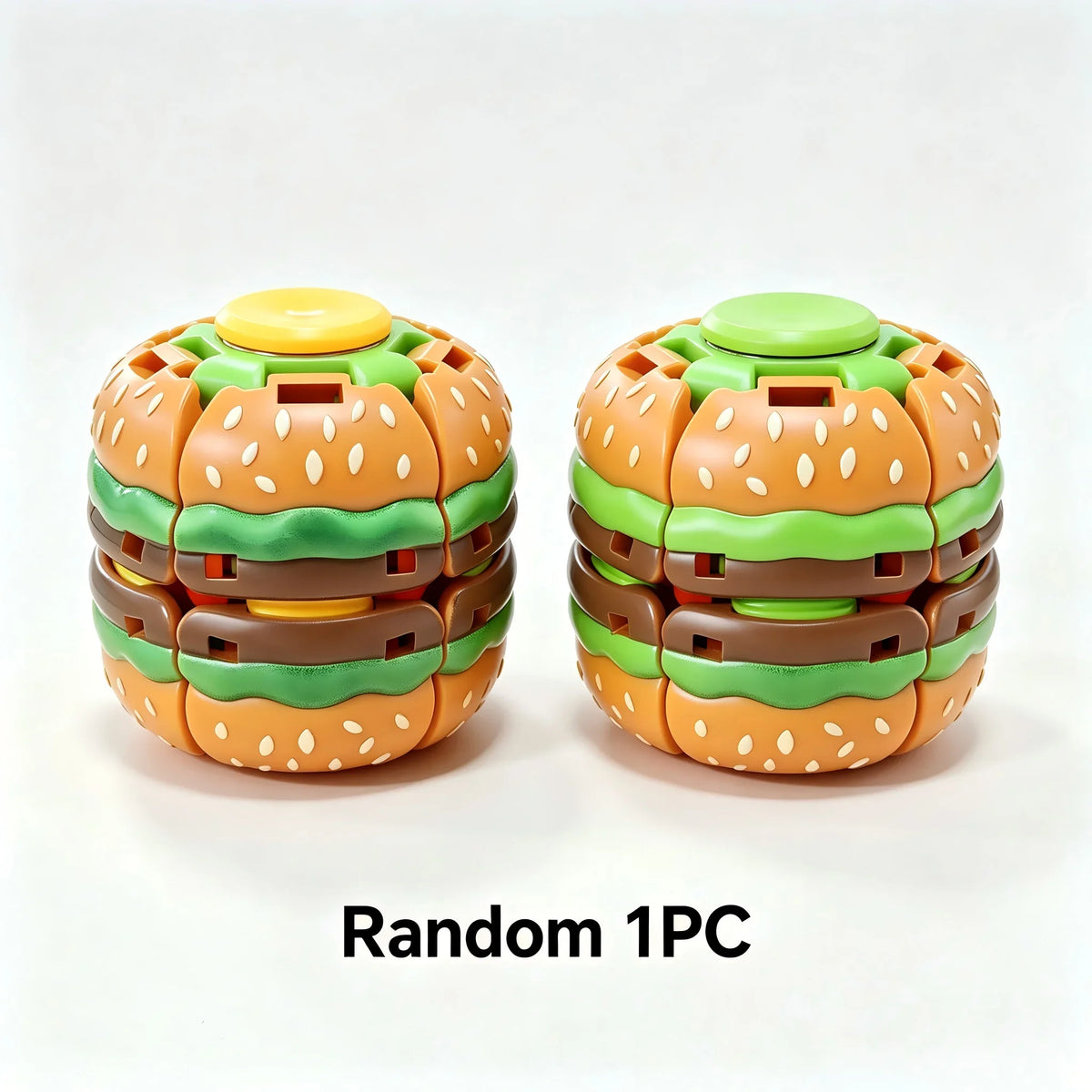 Random fidget ball shaped like a hamburger with multiple colored layers and a top cap