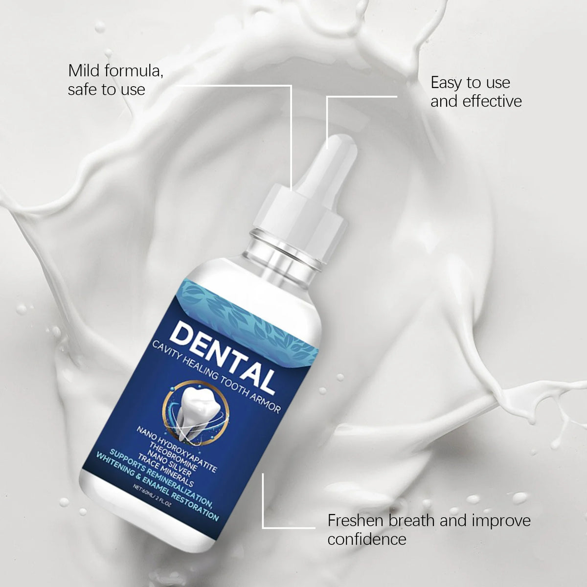A bottle of Dental Cavity Healing Tooth Armor drops is shown in a white and blue liquid, surrounded by a white cream or gel.