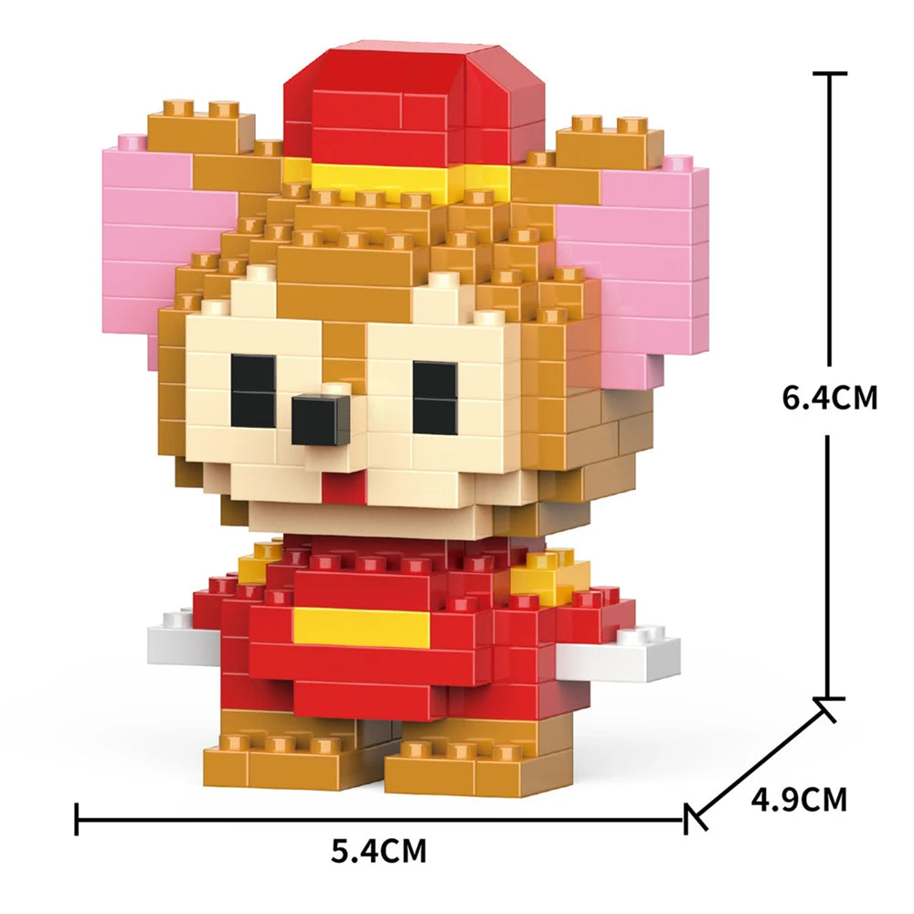 A micro building block figurine of a fox with pink and orange features, shown from the front.