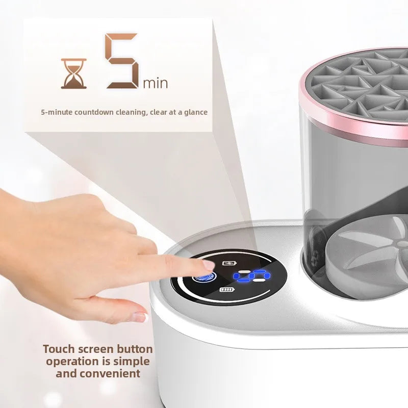 A hand touches the touch screen button on a white electric makeup brush cleaner device.