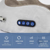 Primer de un masajeador de cuello eléctrico gris con panel de control negro que muestra configuraciones de encendido, direcci