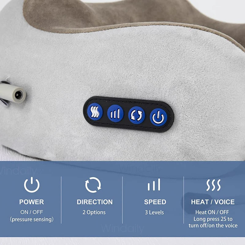 Primer de un masajeador de cuello eléctrico gris con panel de control negro que muestra configuraciones de encendido, direcci