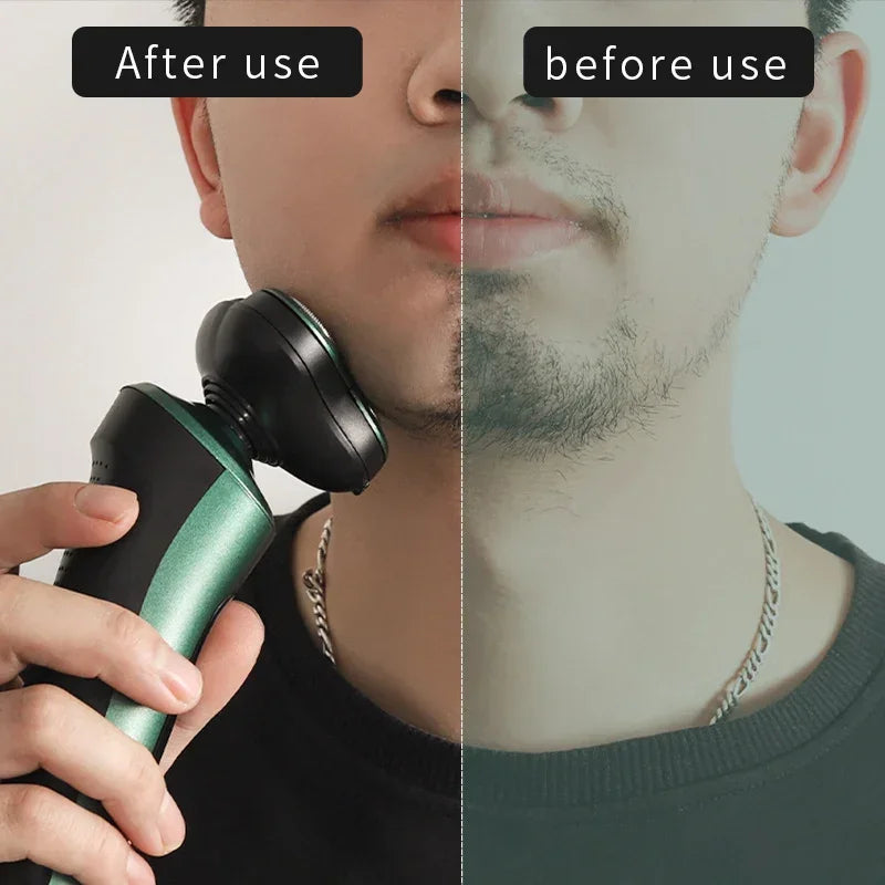 Comparison image showing a floating head electric shaver before and after use.