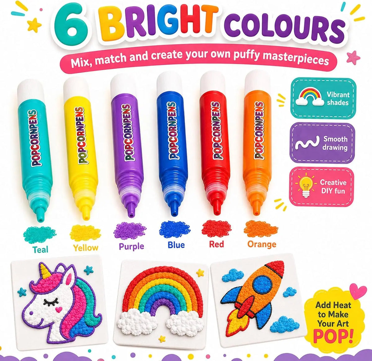 Set of six bright colored popcorn pens and corresponding colored powders for making puffy masterpieces