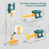 A green and yellow kids interactive toy vacuum cleaner with lights and sounds shown in various assembly configurations.