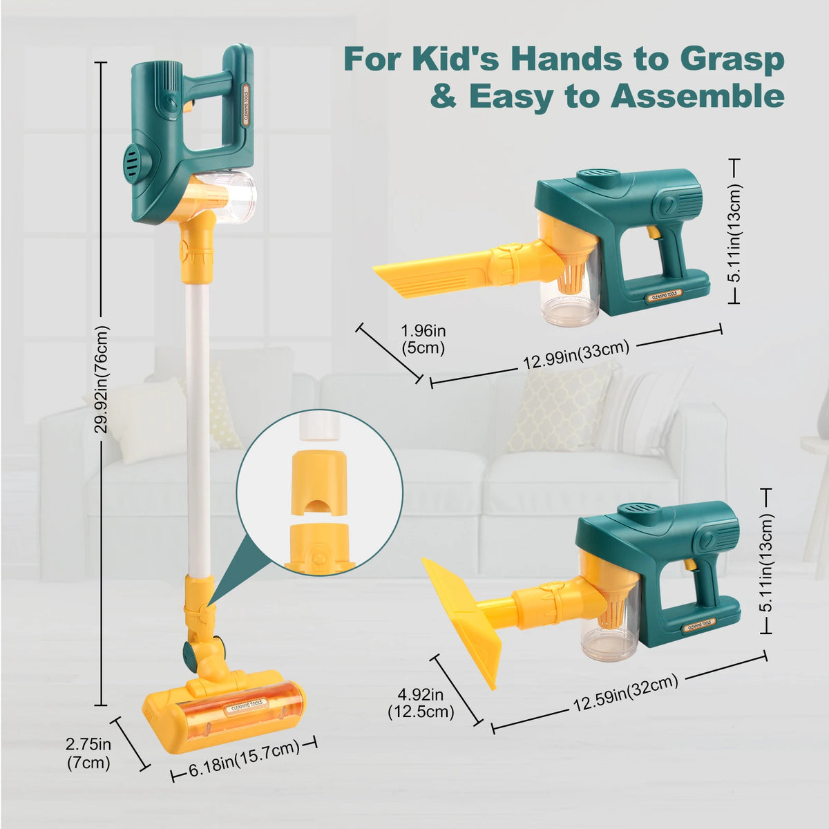 A green and yellow kids interactive toy vacuum cleaner with lights and sounds shown in various assembly configurations.