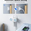 A comparison showing a ultra-thin flat plug with wall-mounted holes design versus a standard plug, next to a power strip and 
