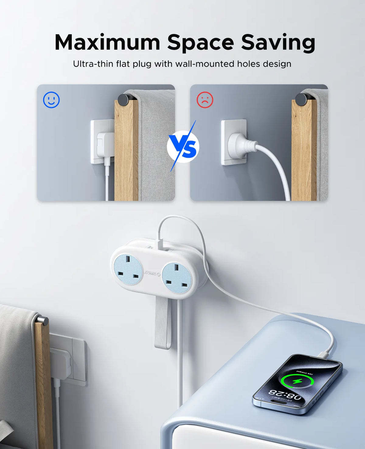 A comparison showing a ultra-thin flat plug with wall-mounted holes design versus a standard plug, next to a power strip and 