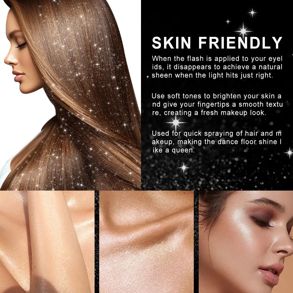Primer plano del rostro y cabello de una mujer con efecto brillo natural de un spray de purpurina.