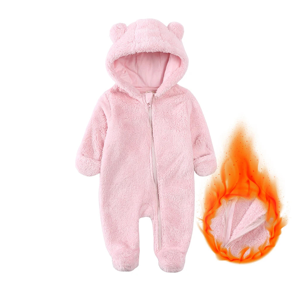 Pink baby fleece hooded romper with zipper for a baby