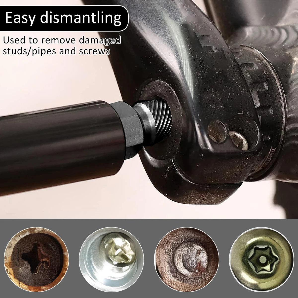 A close-up view of a black tool used for easy dismantling, showing various screw and pipe extraction components.