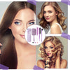 Collage de una mujer con cabello largo y castaño y un set profesional de peines para desenredar y peinar cabello rizado.