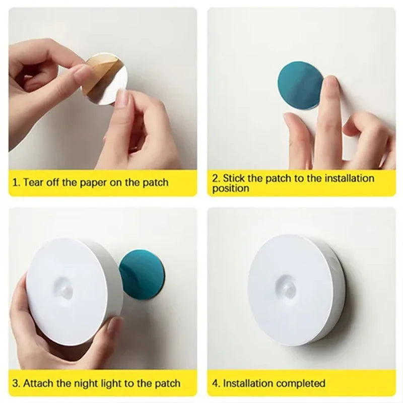 Step-by-step instructions showing how to attach a magnetic LED night light patch to an installation position.