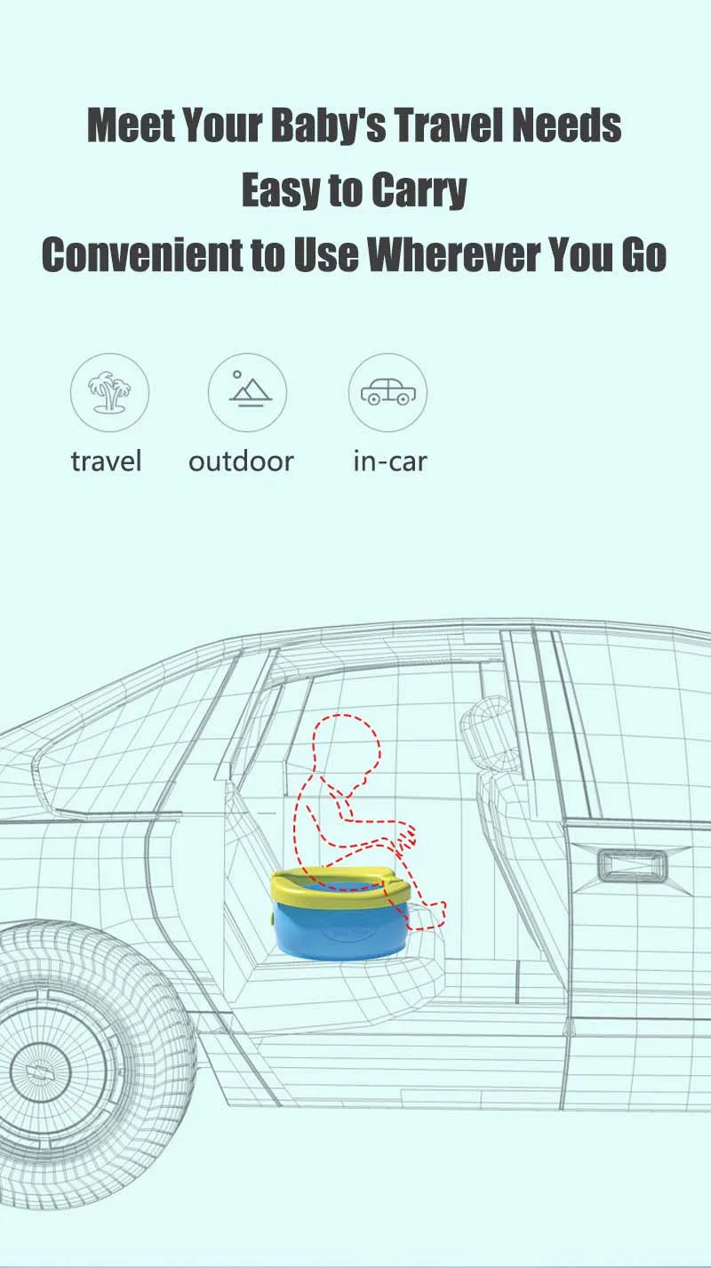 A foldable travel potty is shown inside a car, illustrating its convenience for travel and outdoor use.
