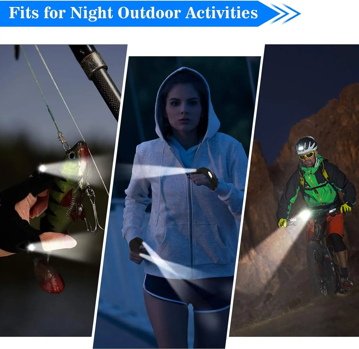 A woman wearing a gray hoodie is illuminated by a bright light, demonstrating LED fingerless gloves for night outdoor activit