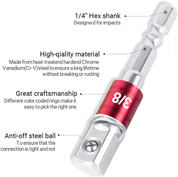 A silver hex shank drill bit socket adapter with red rings and an anti-off steel ball.