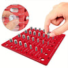 A red universal bolt and nut thread identifier gauge with various standard sizes is shown being used to measure threads.