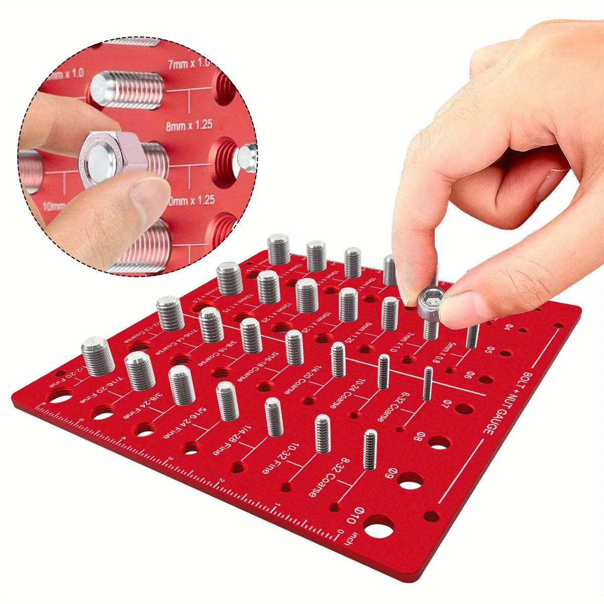 A red universal bolt and nut thread identifier gauge with various standard sizes is shown being used to measure threads.