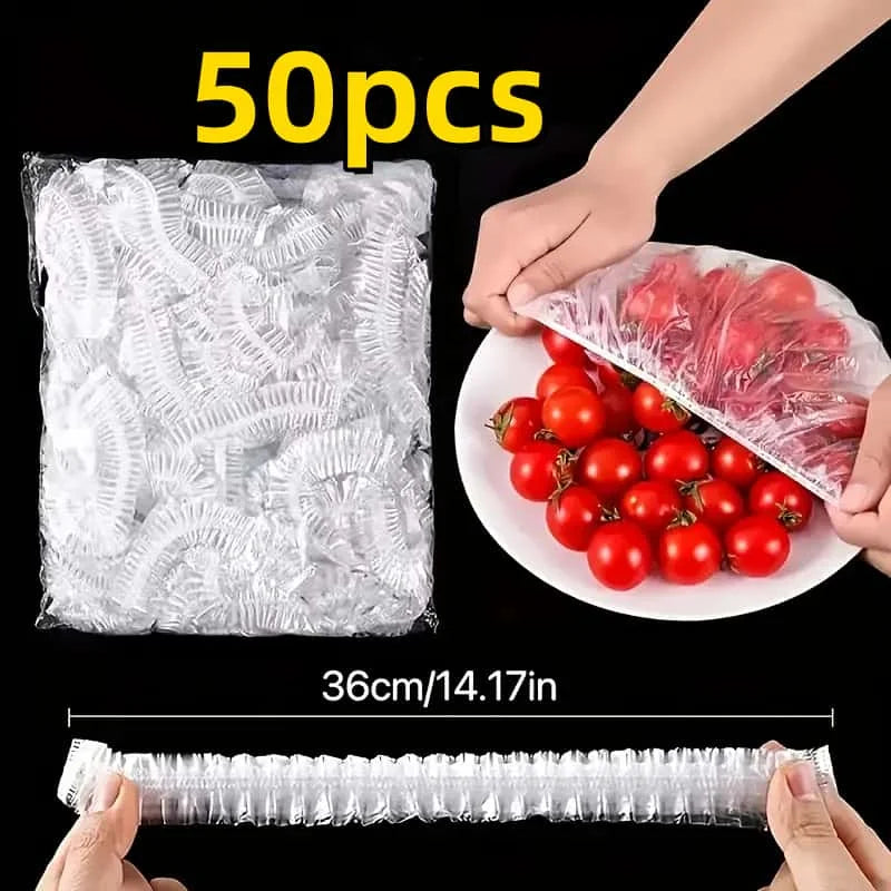 A hand holds a clear plastic food cover with elastic bands, showing the size of reusable elastic food covers.