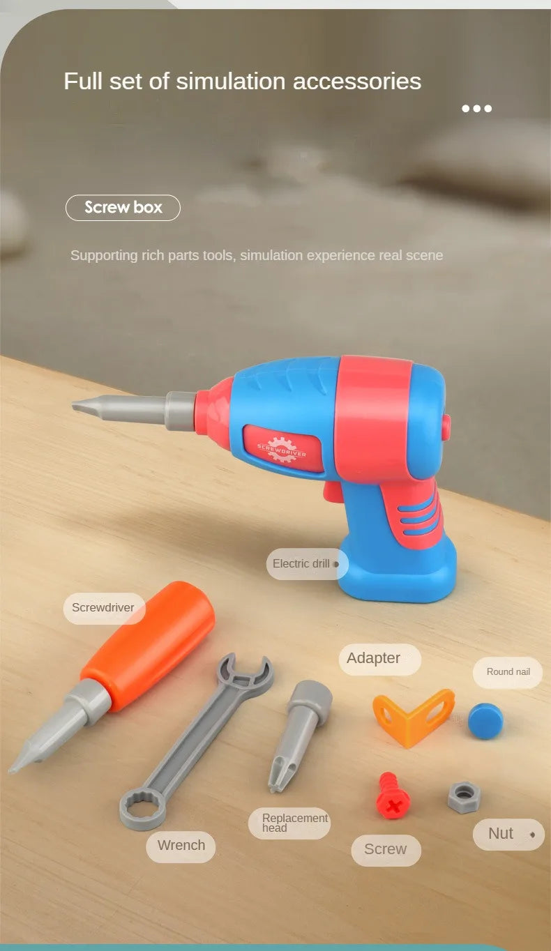 A set of simulation accessories including a screw box, screwdriver, adapter, round nail, wrench, and nut on a wooden surface.