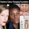 A woman applies a flawless color changing foundation product to her face.