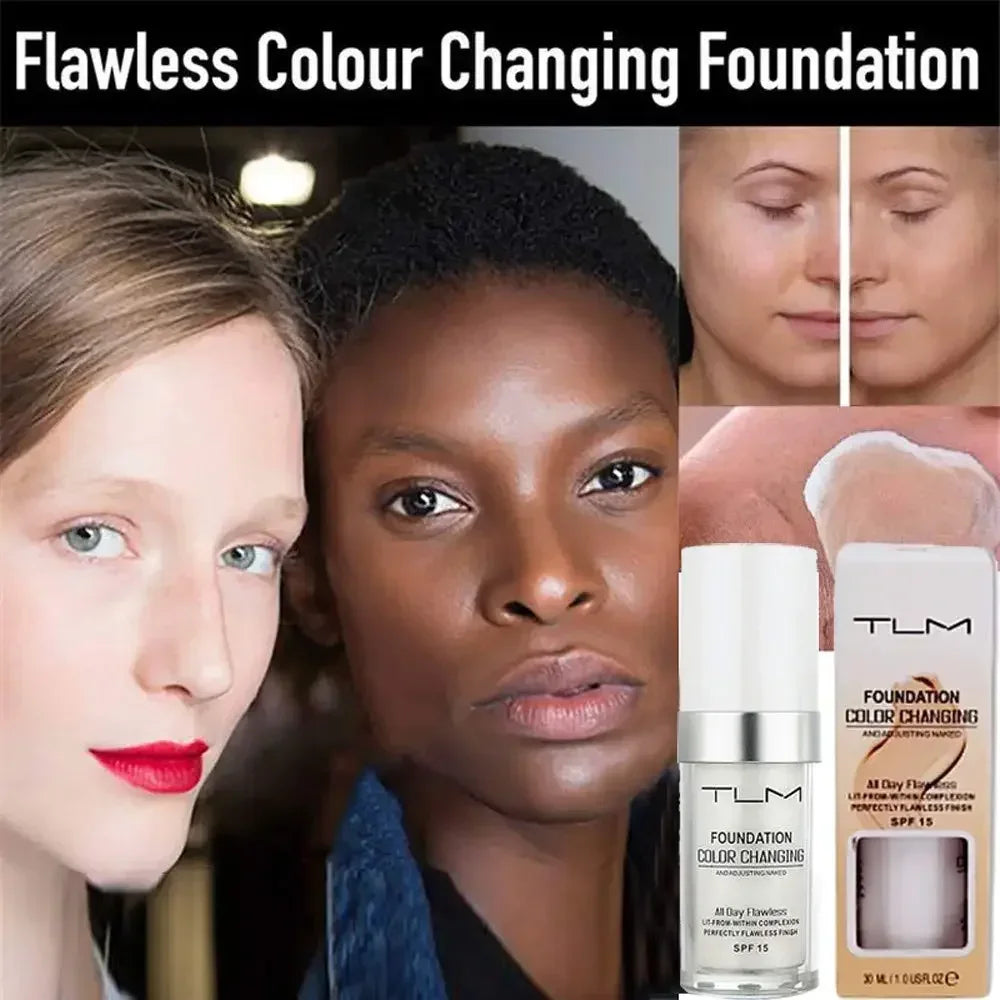 A woman applies a flawless color changing foundation product to her face.