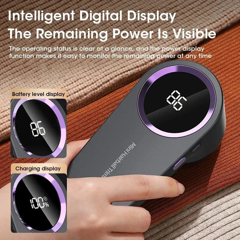A hand holds a smart digital display device showing battery level and charging information on a textured background.