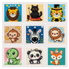 A grid of punch needle embroidery designs featuring various cute animals like a lion, tiger, monkey, and panda.