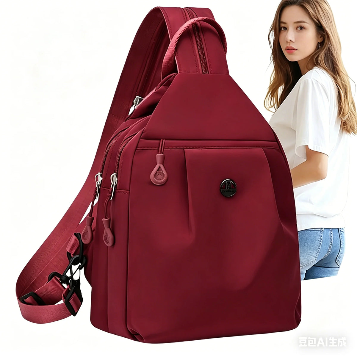 A maroon mini backpack for women shown next to a woman.