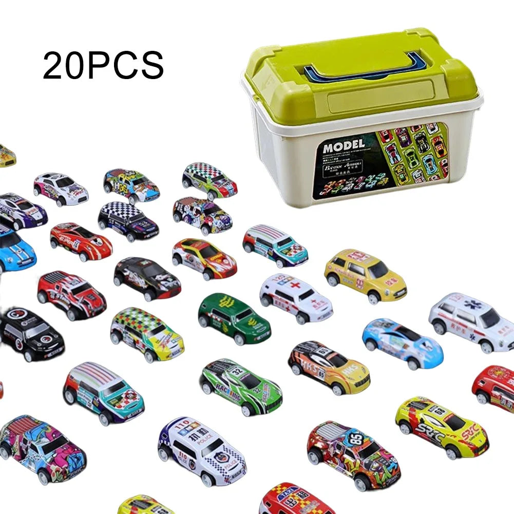 A set of 20 plastic stunt cars and a launch box for a DIY racing track