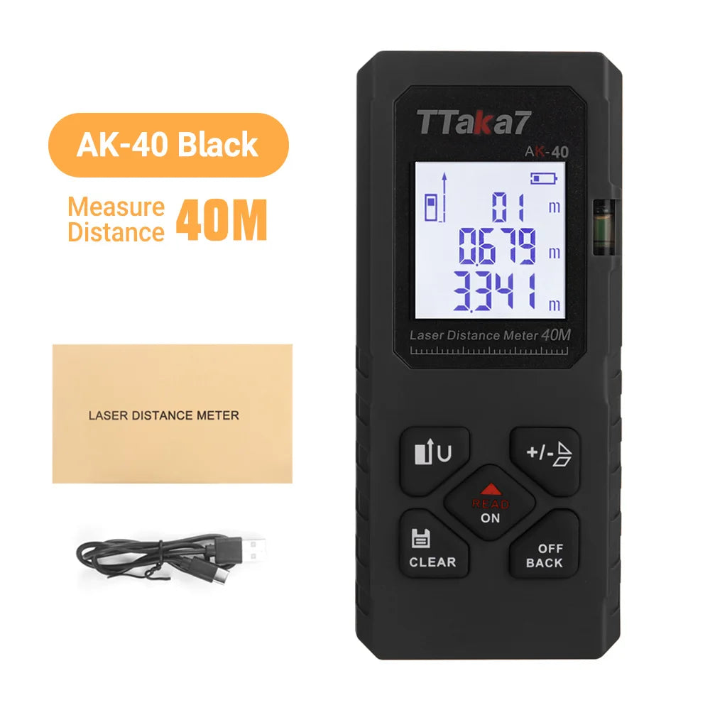 Black TTaka7 laser distance meter with backlit display and measurement screen
