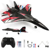 A black and red SU-27 foam airplane model with propellers, along with remote control components.