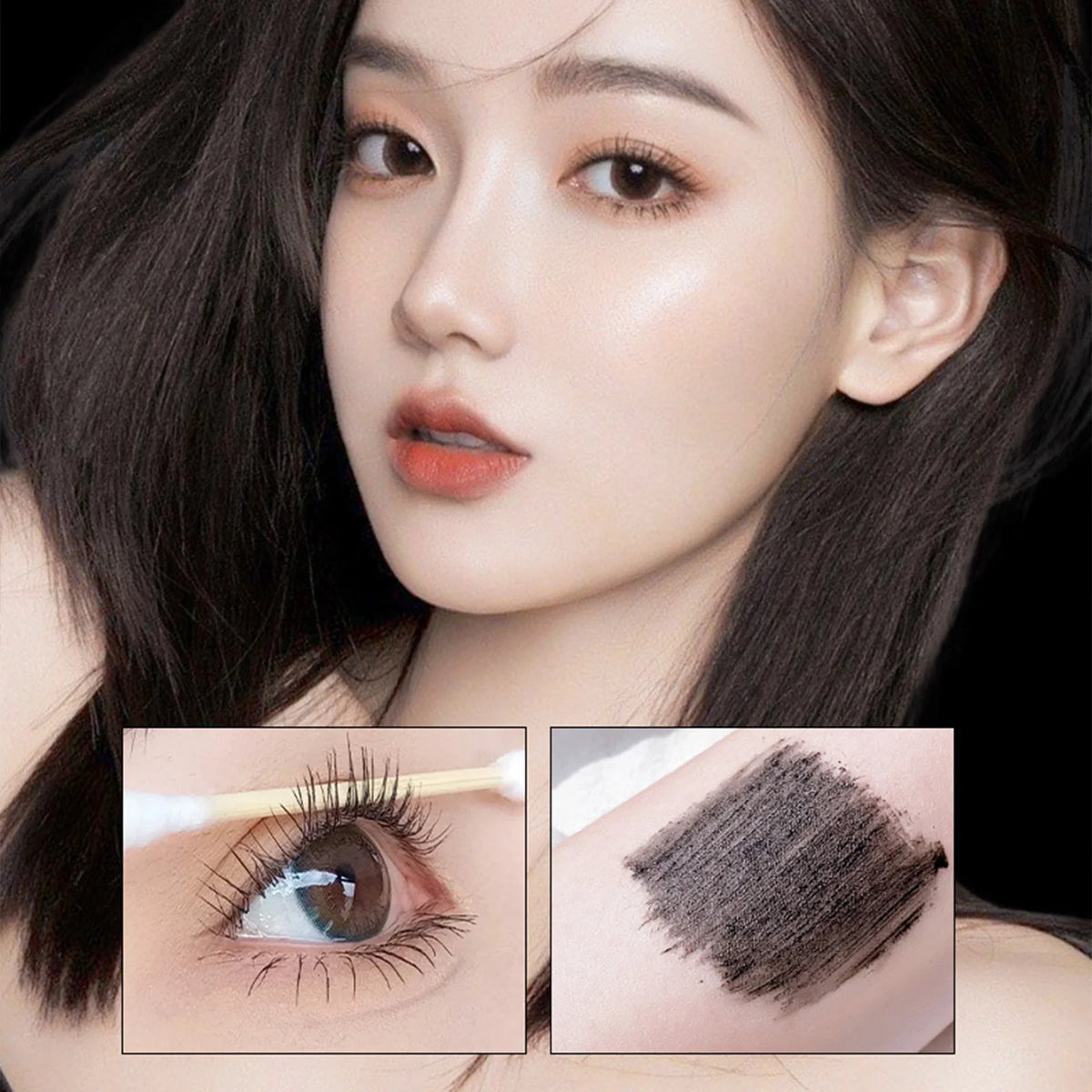 Close-up of a woman applying waterproof volumizing mascara using a defining brush to her eye.