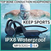 A pair of black bone conduction headphones are shown next to a person in the water, highlighting their IPX8 waterproof and 5.