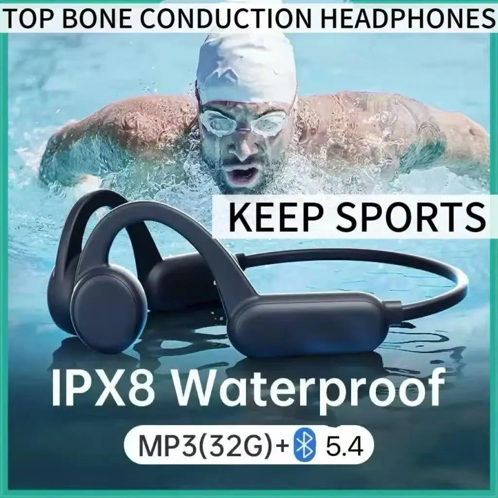 A pair of black bone conduction headphones are shown next to a person in the water, highlighting their IPX8 waterproof and 5.