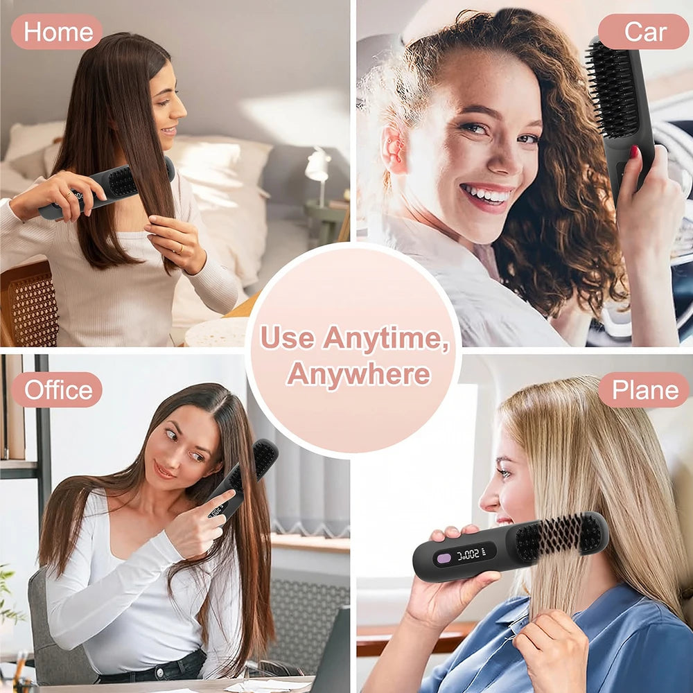 A woman uses a black hair straightening brush with an LED display in various settings like home, car, office, and plane.