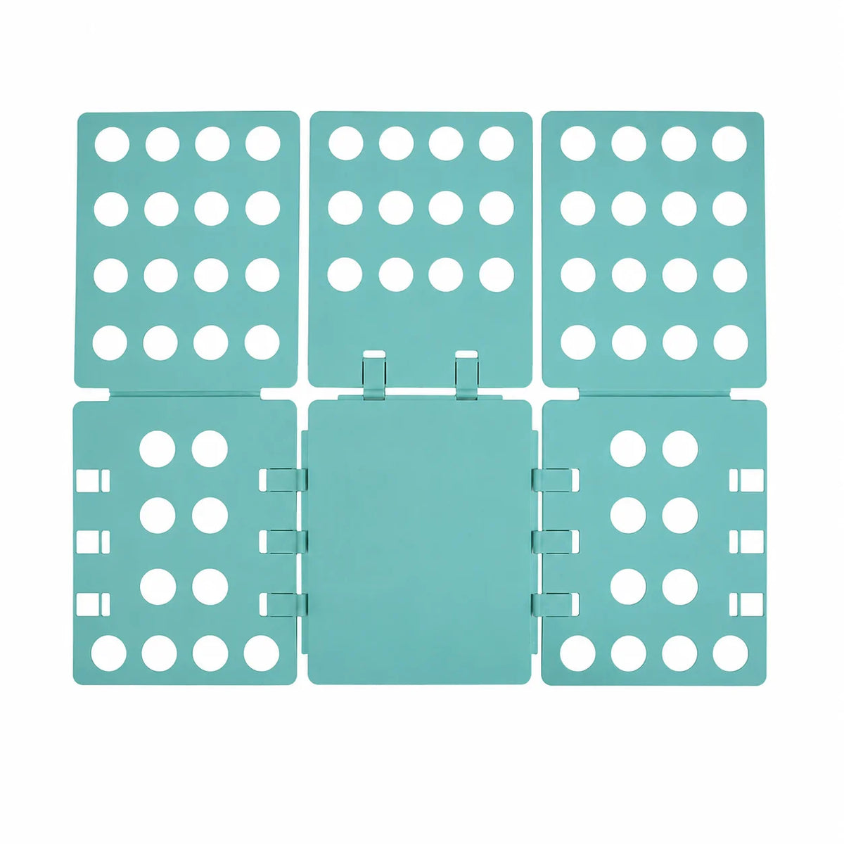 A teal clothes folding board with multiple circular holes for organizing laundry.