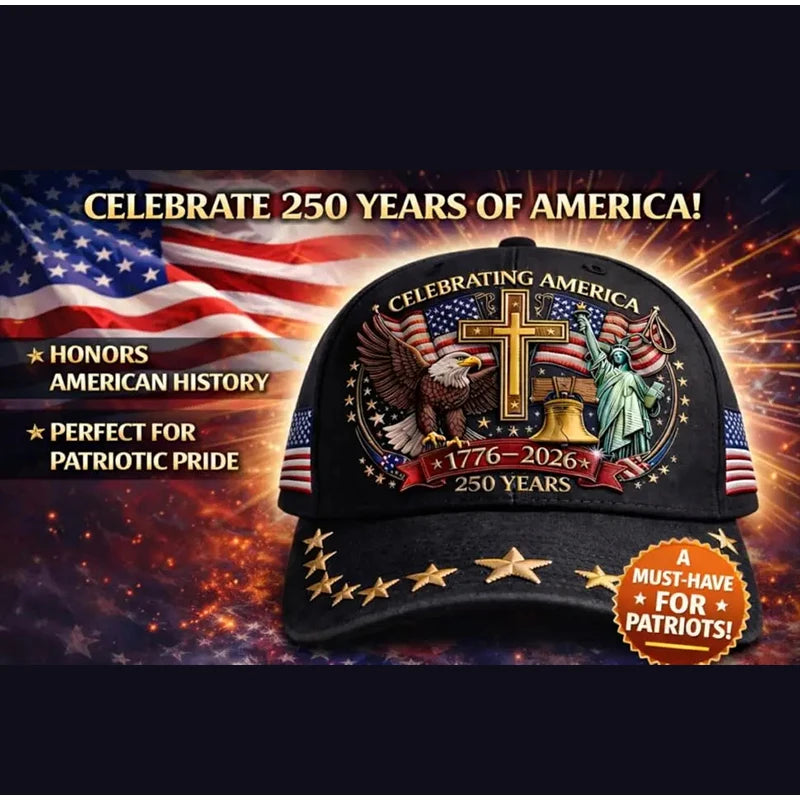 Black baseball cap celebrating 250 years of America featuring an eagle, a cross, and a statue of liberty