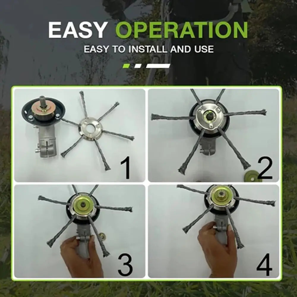 Four steps showing the easy installation and use of a 6-inch steel wire brush trimmer head for weed and moss removal.