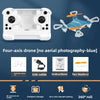 White four-axis drone with orange propellers and accessories shown against a dark blue background.